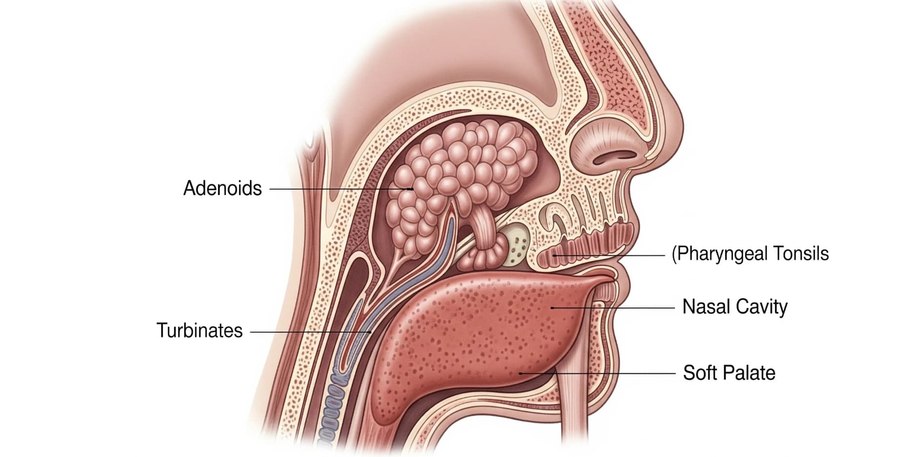 Anatomical diagram showing the location of the adenoids at the back of the nasal cavity