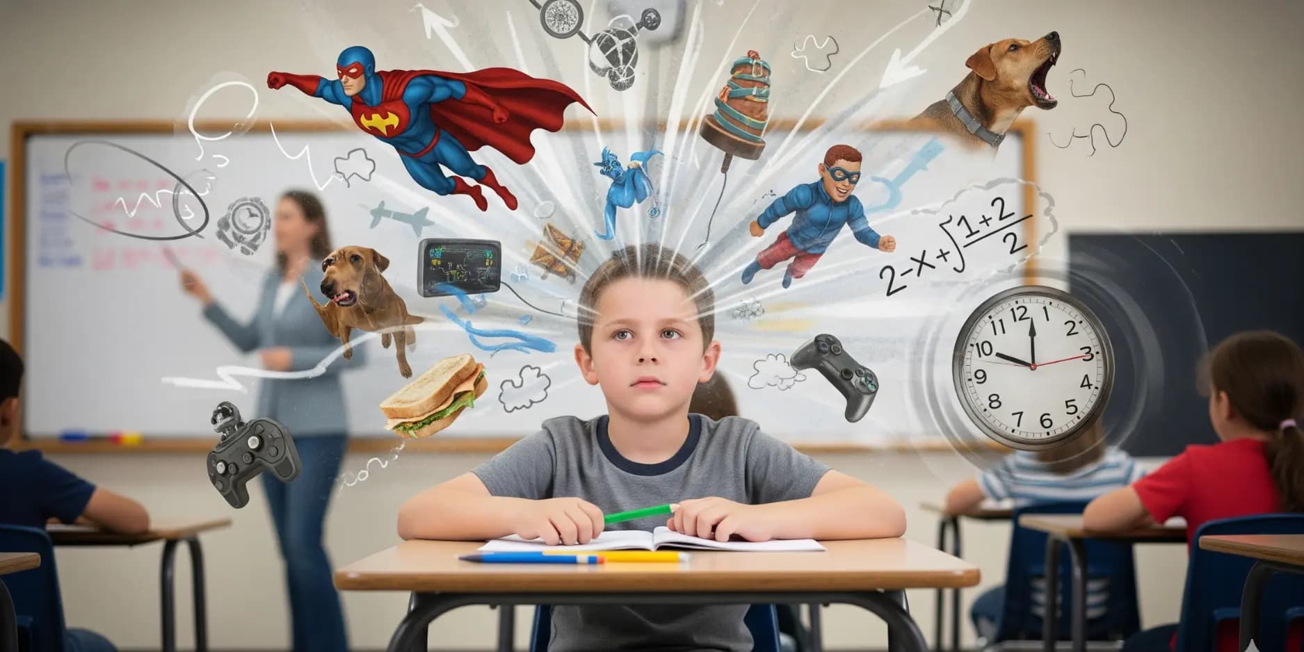 Illustration of a distracted child at a classroom desk surrounded by conceptual icons