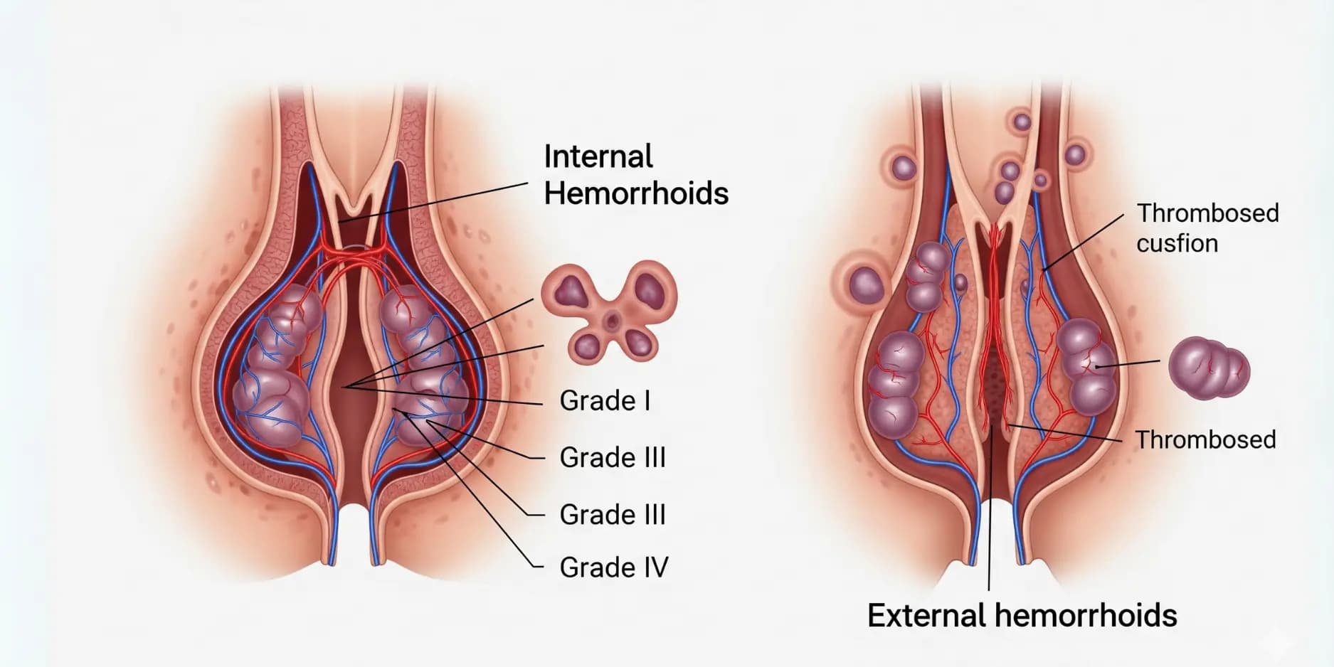 Diagram comparing internal and external haemorrhoids