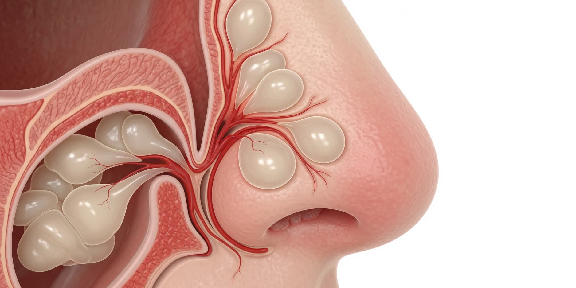 Anatomical illustration of nasal polyps inside the nasal cavity