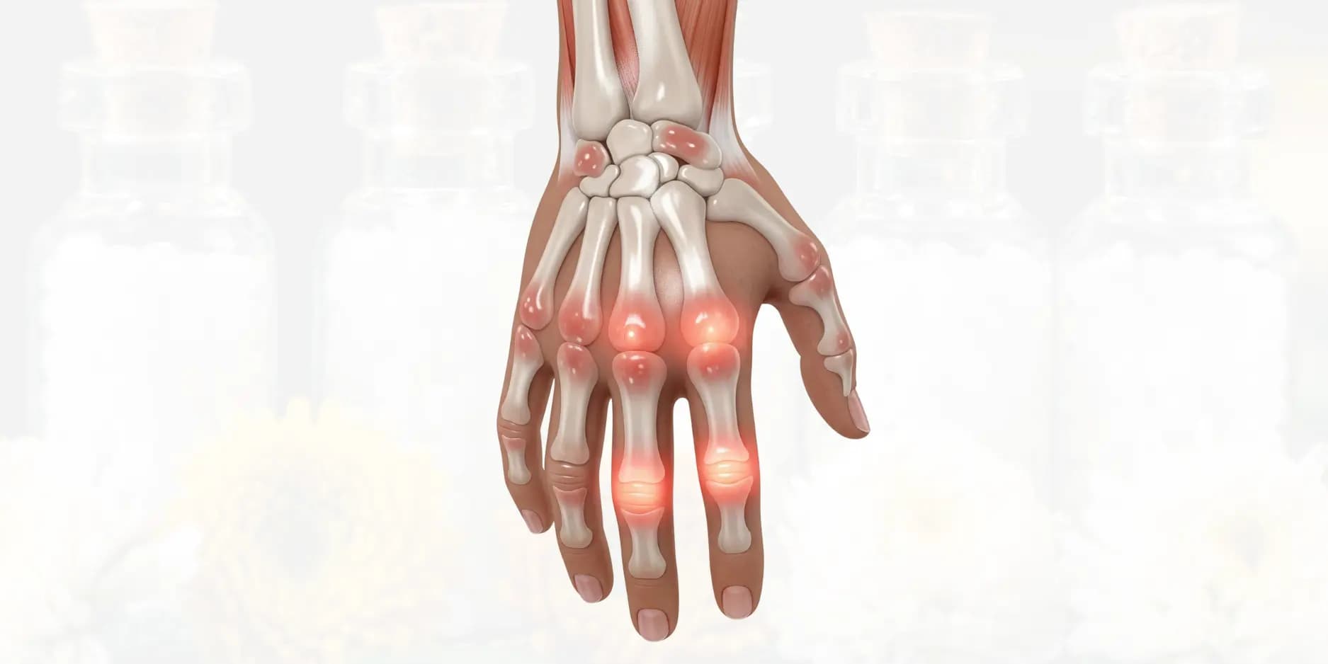 3D illustration of a hand with joints inflamed by rheumatoid arthritis