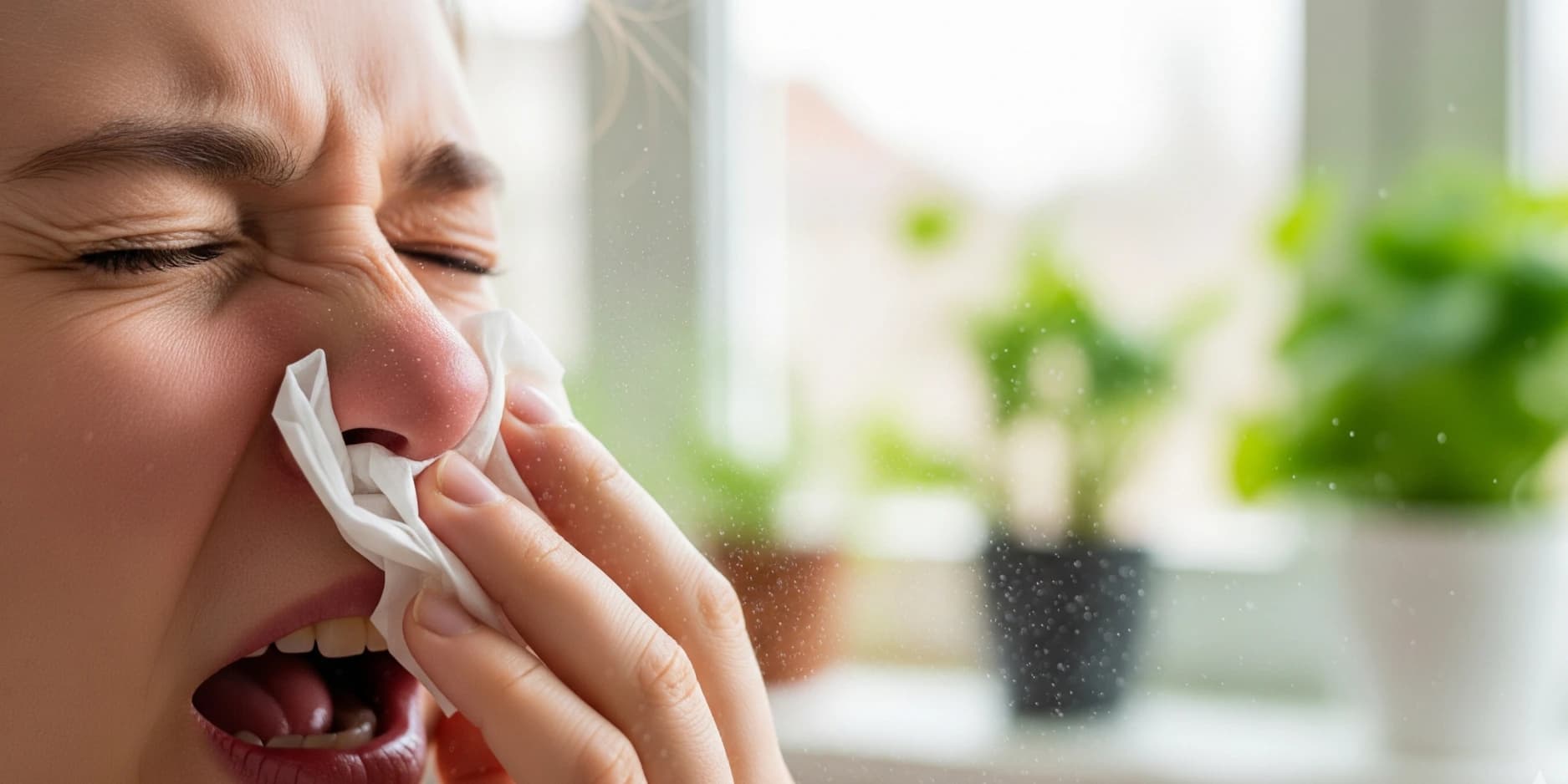 A woman sneezing into a tissue near houseplants