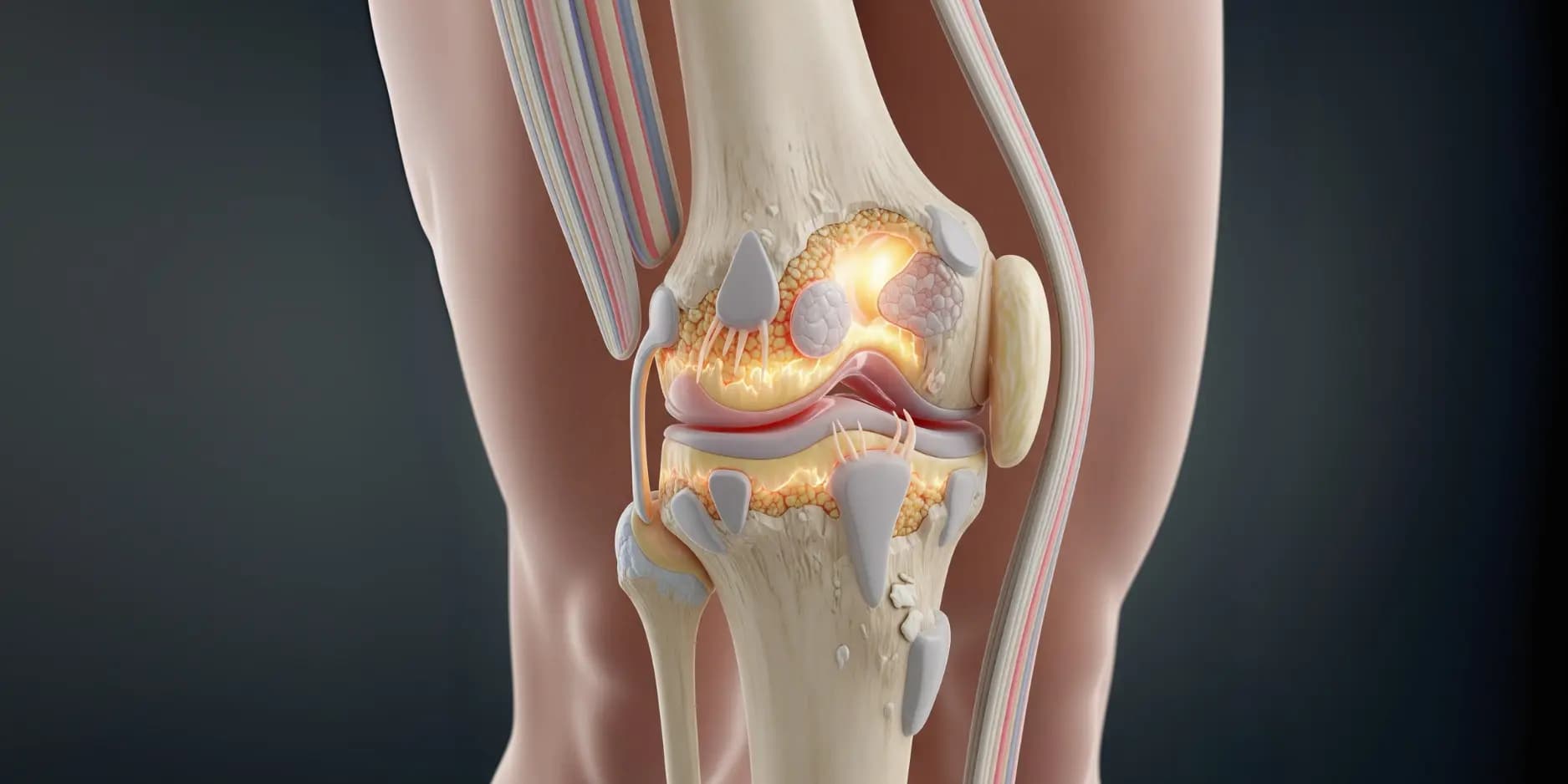 3D illustration of a knee joint affected by osteoarthritis