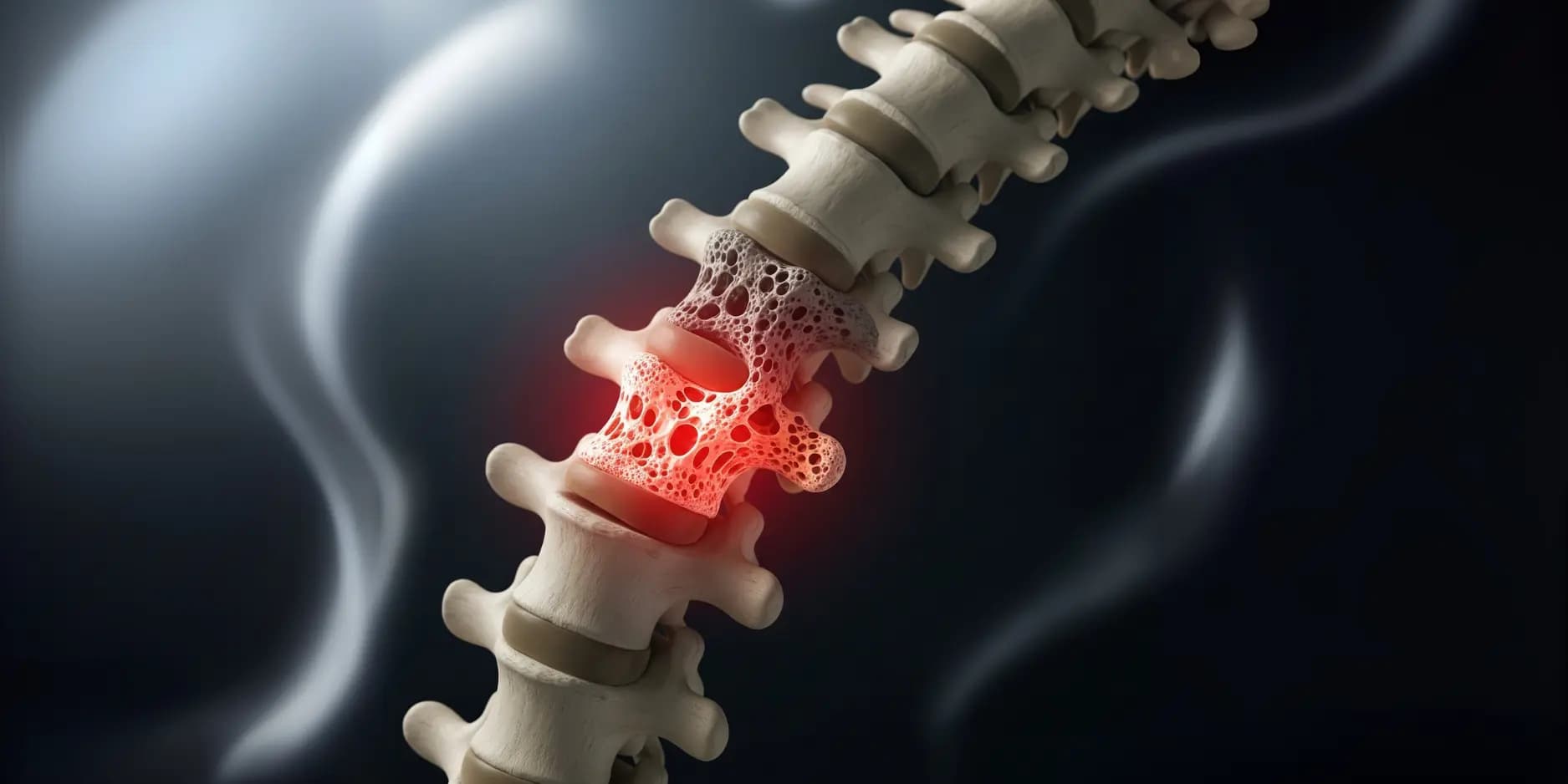 3D illustration of a porous, weakened vertebra