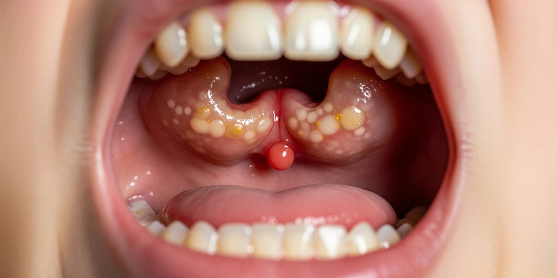 Close-up of inflamed, swollen tonsils